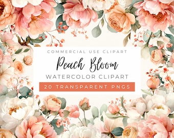 Imágenes prediseñadas de arreglos florales en flor de durazno, acuarela coral, ramo de boda de verano, gráficos para invitaciones (uso comercial)