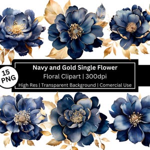 Könnte beinhalten: Marineblaue und goldene Blumen-Clipart mit Blumen im Aquarellstil. Das Bild zeigt mehrere marineblaue Blumen mit goldenen Akzenten und Blättern. Der Text auf dem Bild lautet "Navy and Gold Single Flower Floral Clipart | 300dpi".