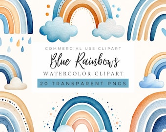 Clipart arcobaleno acquerello: cameretta dei bambini, blu e beige, baby shower, invito (uso commerciale, POD consentito)