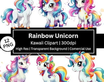 Rainbow Unicorn Clipart, Cute Chibi Unicorn, Rainbow Clipart, Magic, Fantasy,  Stars, Birthday, Party, Free Comercial Use, POD Allowed