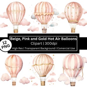 Puede incluir: Ilustraciones en acuarela de globos aerostáticos beige, rosa y dorado. Los globos tienen patrones de rayas y estrellas, con cestas y elementos decorativos. La imagen incluye el texto "Beige, Pink and Gold Hot Air Balloons Clipart | 300dpi".