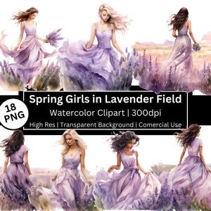 Chica de primavera en un campo de lavanda, clipart de acuarela, chicas de primavera, boda, vestido, novia png, mujeres, flores, publicidad gratuita, se permite POD