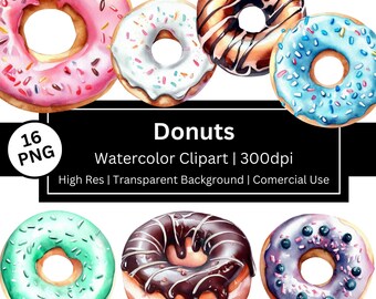 Watercolor Donuts Clipart, Sweets Graphics (Instant Download)