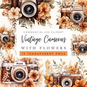 Clipart d'appareils photo vintage, appareils photo fleurs sauvages, aquarelle d'appareils photo rétro, logo de photographie, scrapbooking, sublimation, usage commercial, POD autorisé