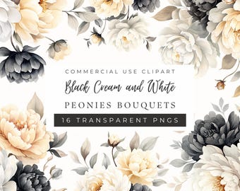 Imágenes prediseñadas de ramos de peonías, arreglos de peonías blancas, flores negras en acuarela, elegantes gráficos para bodas (uso comercial)