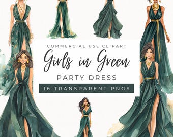 Green Party Dress Clipart, Cocktail Dresses, Stylish, Glamourous Woman, High Couture, Designer (Commercial Use)