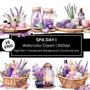 Clipart journée au spa, soins de la peau png haute qualité, clipart soins personnels, bougies, serviettes, graphiques lavande, panier en saule, usage commercial, POD autorisé