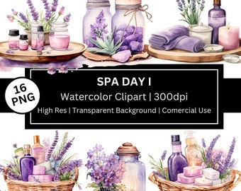 Spa Day Watercolor Clipart, Lavender, Candles, Creams, Bath Salts, Selfcare, Wicker basket (Commercial Use)