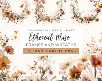 Imágenes prediseñadas de marcos de musas etéreas, coronas florales, flores silvestres PNG, naranja, crema, boda rústica (uso comercial)