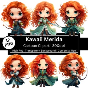 May include: Twelve digital illustrations of a cartoon Merida from the movie Brave. Merida is a young woman with long, curly red hair, wearing a green dress and holding a bow and arrow. The illustrations are in a kawaii style, with large eyes and a cute expression. The background is transparent.