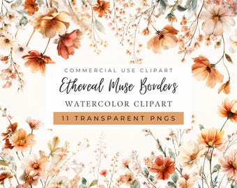 Imágenes prediseñadas de bordes de musa etérea, borde floral, flores silvestres PNG, colores naranjas, invitación de boda (uso comercial)