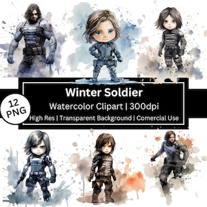 Winter Soldier Watercolor Clipart, Cute Kid Winter Soldier, Super Hero PNG, Movie Wall Art, Stickers, Scrapbook, Comercial Use, POD Allowed