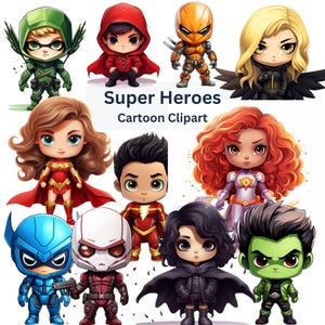 May include: A digital clipart set of ten cartoon superheroes. The characters are all in a chibi style, with large heads and small bodies. The characters are all wearing superhero costumes and have different powers and abilities. The characters are all smiling and looking happy. The characters are all set against a white background. Super Heroes Cartoon Clipart.