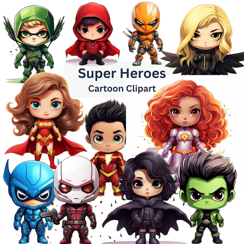May include: A digital clipart set of ten cartoon superheroes. The characters are all in a chibi style, with large heads and small bodies. The characters are all wearing superhero costumes and have different powers and abilities. The characters are all smiling and looking happy. The characters are all set against a white background. Super Heroes Cartoon Clipart.