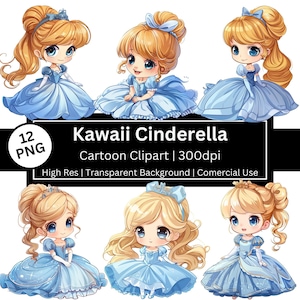 Assepoester schattige clipart, set van 12 fantasie PNG, blauwe prinses sprookje, kawaii, tekenfilm, uitnodiging, verjaardag, commercieel gebruik, POD toegestaan