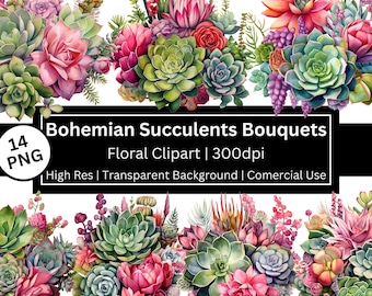 Succulents Clipart, Set of 14 PNG, Floral Clip Art, Vivid Colors, Pink, Watercolor Succulents Clipart, Cactus, Comercial Use, POD Allowed.