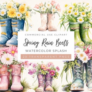 Könnte beinhalten: Aquarellillustration von mehreren Paaren Gummistiefeln in verschiedenen Farben, gefüllt mit bunten Blumen. Die Stiefel sind blau, rosa, grün und weiß. Der Text auf dem Bild lautet "Spring Rain Boots" und "Watercolor Splash".