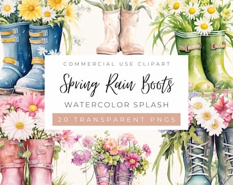 Watercolor Spring Rain Boots Clipart: Floral Garden Graphics, Gardening, Journal Stickers, Flowers (Commercial Use)