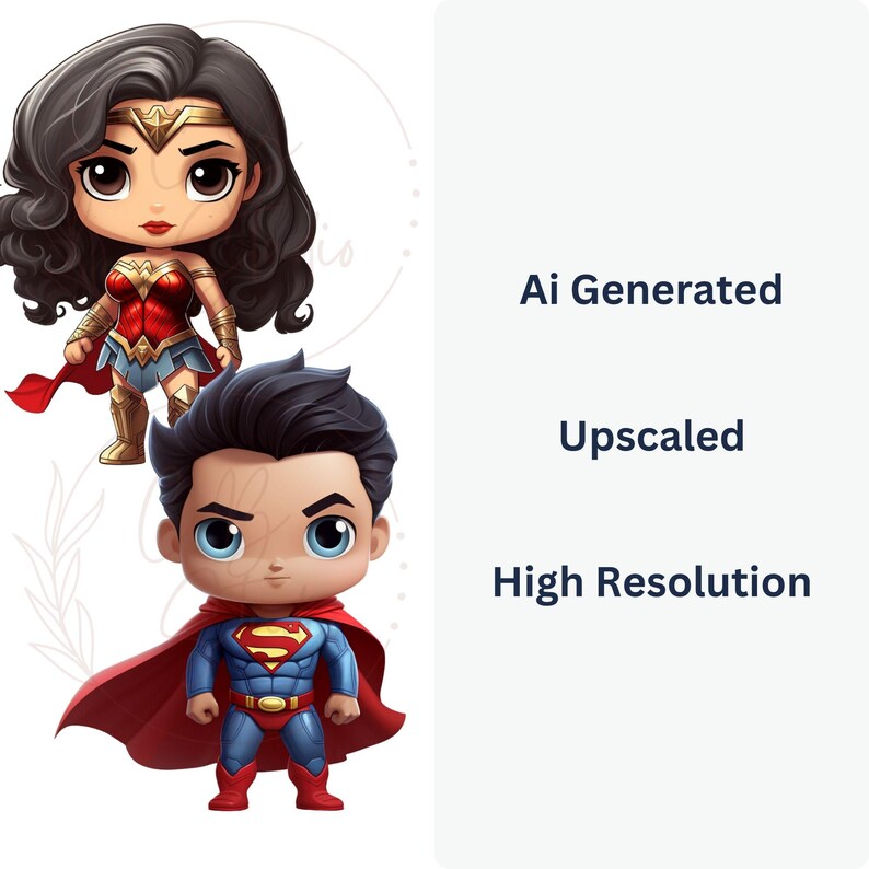 May include: A digital illustration of Wonder Woman and Superman in a chibi style. Wonder Woman is wearing her signature red, blue, and gold costume. Superman is wearing his red and blue costume with a cape. The image is set against a white background.