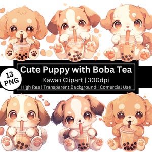 Clipart di cuccioli carini, cuccioli con tè Boba, cani kawaii, cani divertenti, illustrazioni di animali carini, adesivi di animali, uso commerciale gratuito, POD consentito
