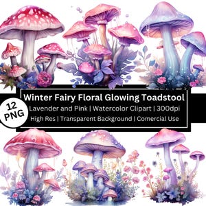 Clipart champignon vénéneux rougeoyant, fée de l'hiver png haute qualité, champignon magique, imagination, fantastique, magique, fleurs, usage commercial, POD autorisé
