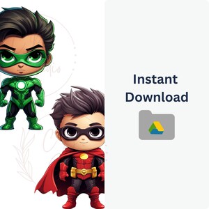 May include: Two cartoon superheroes, one in a green suit with a green mask and the other in a red suit with a red mask. The text "Instant Download" is visible on the right side of the image.