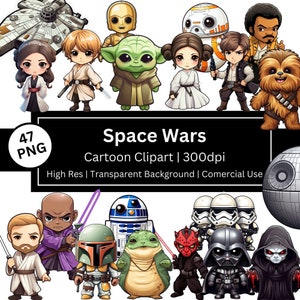 Personajes adorables de Space Wars, conjunto de 47 imágenes prediseñadas de dibujos animados, imágenes chibi, kawaii, arte mural de películas, decoraciones, uso comercial, se permite POD