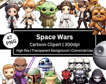 Space Wars Cute Characters, Set of 47 Cartoon Clipart, Chibi Clipart, Kawaii, Movie Wall Art, Decorations, Comercial Use, POD Allowed