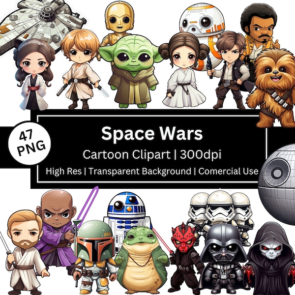 Personajes lindos de Space Wars, conjunto de 47 imágenes prediseñadas de dibujos animados, imágenes prediseñadas de Chibi, Kawaii, arte de pared de películas, decoraciones, uso comercial, POD permitido