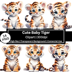 Schattige baby tijger clipart, schattige cartoon, schattige dieren, babyshower, verjaardag, kinderkamer, magisch, kinderkamer, commercieel gebruik, POD toegestaan