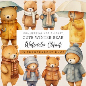 Clipart di un simpatico orsetto invernale, orso carino, clipart per bambini, png di un simpatico orsetto, baby shower, anniversario, clipart per la cameretta dei bambini, uso commerciale, POD consentito