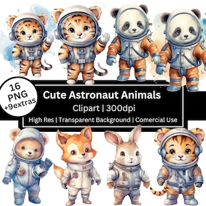 Imágenes prediseñadas de animales astronautas lindos, imágenes prediseñadas del espacio en acuarela, guardería, lindo espacio exterior, luna, estrellas PNG, fiesta de cumpleaños espacial, uso comercial