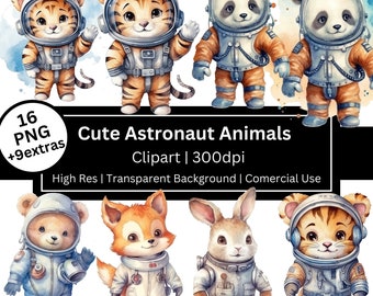 Astronaut Animals Clipart, Watercolor Space Nursery, Outer Space PNG, Birthday Party Decor (Commercial Use)