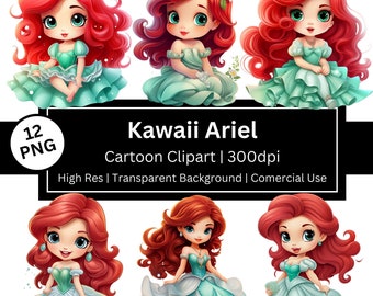 Ariel Kawaii Clipart, Chibi Mermaid Princess, Fairy Tale Party, Mermaids Birthday (Commercial Use, POD)