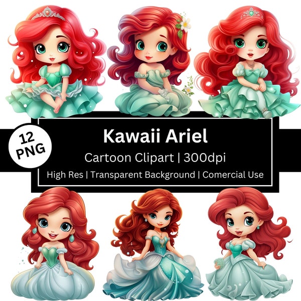 Ariel Cute Clipart, Set of 12 Kawaii png, Chibi, Fantasy Fairytale, Cartoon Graphics, Birthday, Mermaid Princess, Comercial Use, POD Allowed