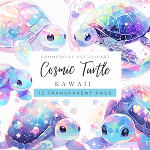 May include: A digital illustration featuring several Kawaii Cosmic Turtle designs. The turtles have colorful shells with a galaxy theme, and large, expressive eyes. The image includes the text "COMMERCIAL USE CLIPART" and "Cosmic Turtle KAWAIl 12 TRANSPARENT PNGs."