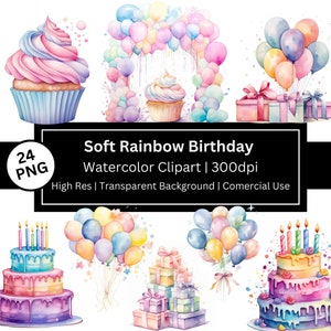 Rainbow Birthday Clipart, Watercolor Rainbow Clipart, Birthday Cake, Ballons, Party, Presents, Comercial Use, Instant download, POD Allowed