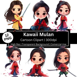 Leuke clipart van Mulan, Chinese prinses, set van 12 kawaii png, fantasiesprookje, verjaardagskaart, prinsessenfeest, commercieel gebruik, POD toegestaan