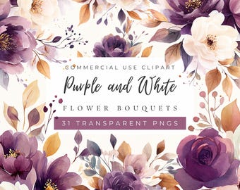 Purple and White Flowers Clipart, Wedding Floral Arrangements, Watercolor Floral Bouquet, Moody Florals, Spring, Comercial Use, POD Allowed.