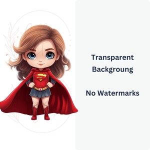 May include: A cartoon illustration of a female superhero wearing a red cape and a red and blue costume with the letter "S" on the chest. The character has long brown hair and large blue eyes.