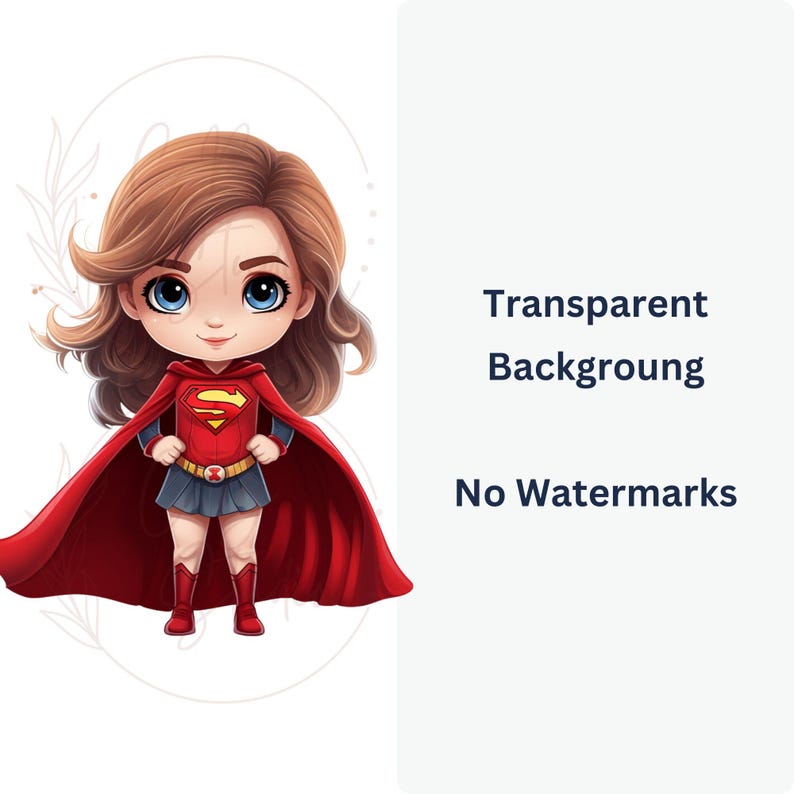 May include: A cartoon illustration of a female superhero wearing a red cape and a red and blue costume with the letter "S" on the chest. The character has long brown hair and large blue eyes.