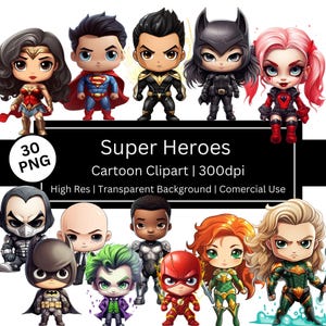 Super Heroes and Villain Clipart, Set of 30 Classic Superheroes Cute Cartoon, Kawaii Characters, Movie Wall Art, Comercial Use, POD Allowed