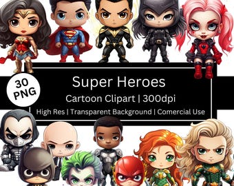 Superhero Cartoon Clipart, Kawaii Style PNG, Chibi Superheroes and Villains, Classic Superheroes (Commercial Use)
