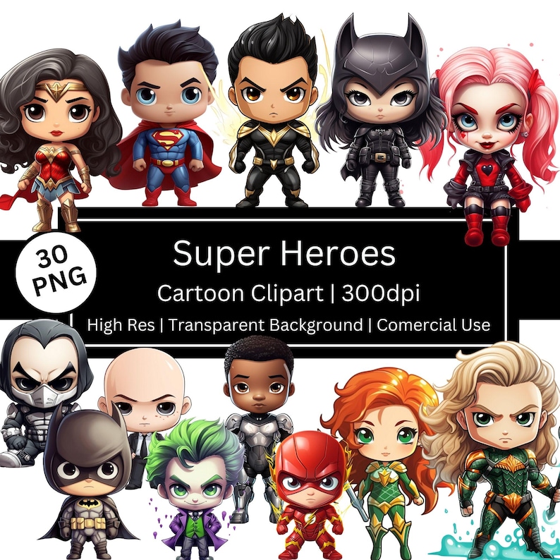 May include: A set of 30 cartoon superhero clipart images with transparent backgrounds. The images feature characters such as Superman, Wonder Woman, Batman, and more. The images are high resolution and ideal for commercial use.