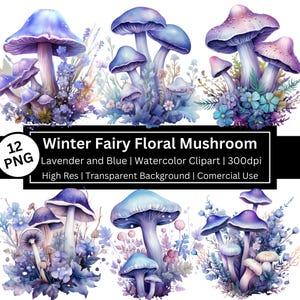 Clipart de cogumelo floral, fada do inverno, cogumelo mágico, roxo, encantado, imaginação, fantasia, mágico, flores, uso comercial, POD permitido