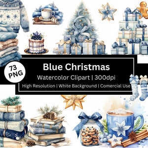 Blauwe kerstclipart, aquarel winterset, kerstboom, gezellige winter, geschenkverpakkingen, kerstmis, koffiemok, commercieel gebruik, POD toegestaan.