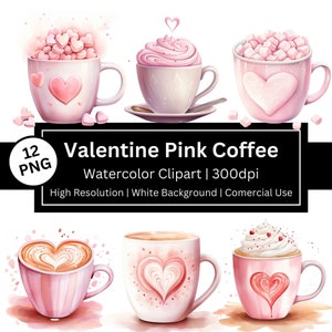 Aquarel Valentijnsdag clipart, liefde clipart, Valentine roze, wenskaart, koffiemok, latte hart, gratis commercieel gebruik, POD toegestaan