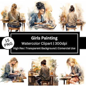 Aquarel schilder clipart, artistiek, meisje schilderen, hobby clipart, vrije tijd graphics, aquarel palet, penselen, commercieel, POD toegestaan