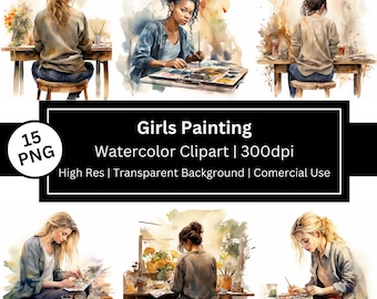 女の子の絵を描くクリップアート、芸術的な趣味のグラフィック、水彩パレット、芸術的な女性、ブラシ、絵の具（商用利用）