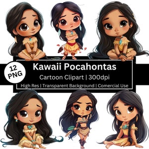 Imágenes prediseñadas lindas de Pocahontas, conjunto de 12 princesas png, kawaii, fantasía, gráficos de cuentos de hadas, cumpleaños, fiesta de princesas, uso comercial, POD permitido
